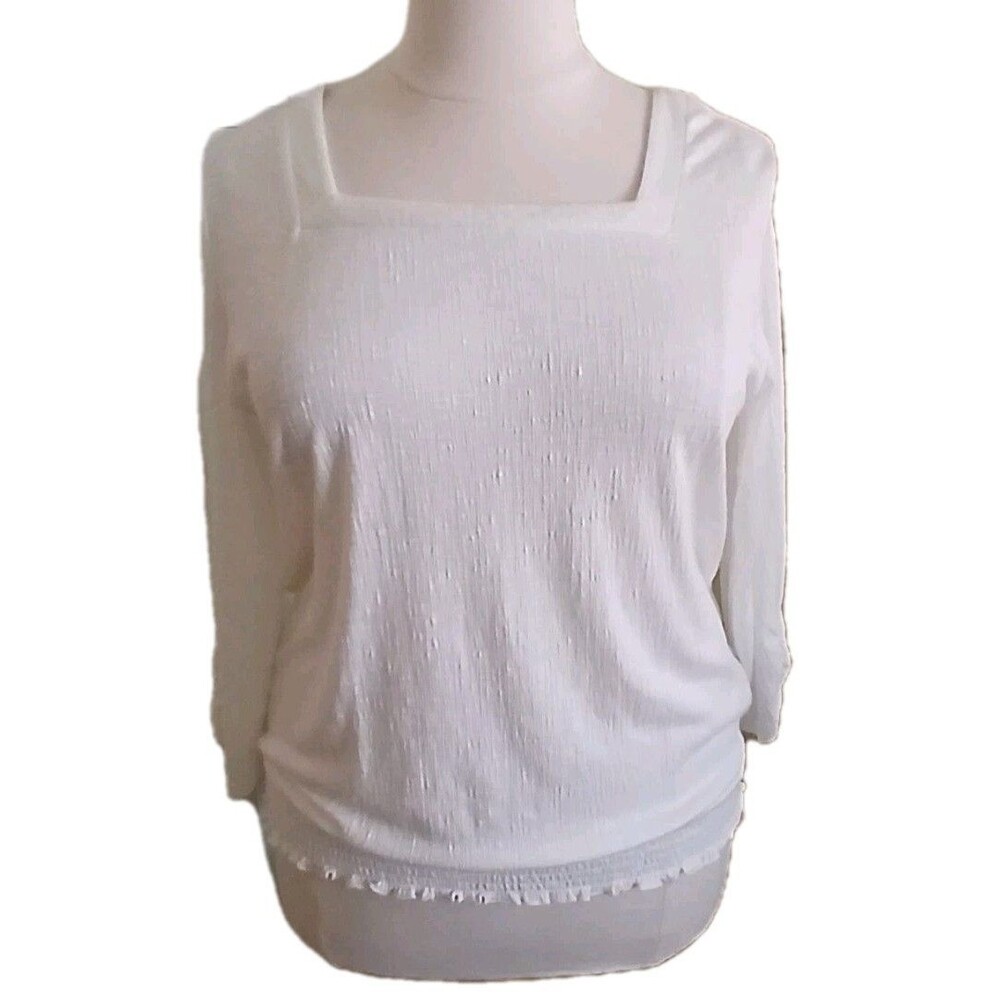 NWT AB STUDIO Womens XXL Peasant 3/4 Sleeve Smocked Square Neck Solid White Top